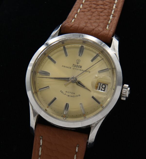 1962 Tudor Prince Oysterdate stainless steel watch with original small-rose dial, bombe lugs, case, and cleaned automatic winding movement.