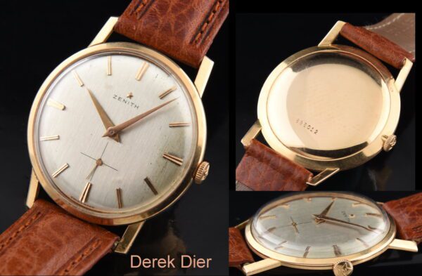 1960s Zenith 18k solid-gold watch with original dial, Dauphine hands, correct crown, case, and cleaned, accurate manual winding movement.