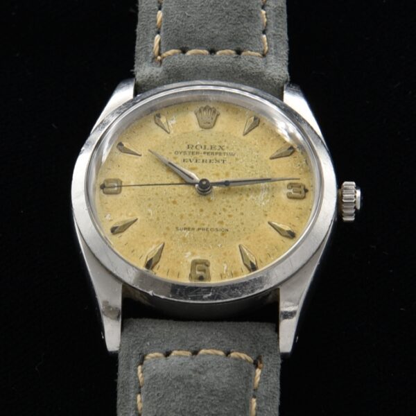 1958 Rolex Everest Super Precision stainless steel watch with original bullseye dial, hands, lume, case, and clean caliber 1530 movement.