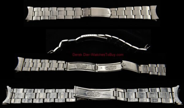 1964 Rolex Oyster 19mm wide stainless steel riveted bracelet with 60 end pieces and measuring 6.5" long. This band is tight for its age.