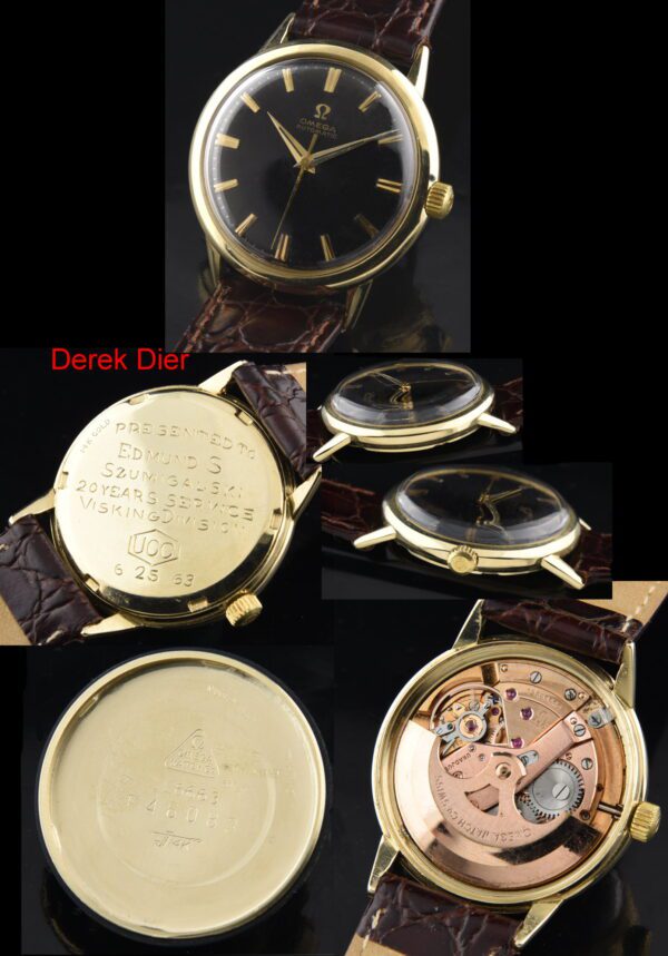 1963 Omega 14k solid-gold watch with original case, restored dial, Dauphine hands, markers, and cleaned caliber 550 automatic movement.