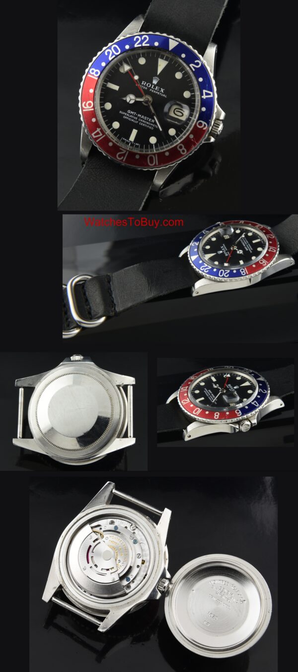 1971 Rolex GMT Master stainless steel watch with original dial, off-white lume, Pepsi bezel, case, and caliber 1570 automatic movement.