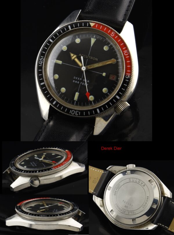 1970 Bulova Accutron Deep Sea stainless steel dive watch with original bakelite bezel, dial, hands, case, and accurate electric movement.