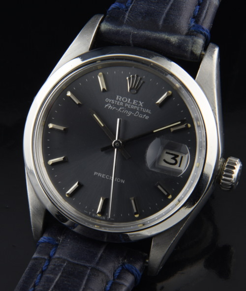 1972 Rolex Air-King Date stainless steel watch with original slate-grey dial, baton markers, hands, and cleaned automatic winding movement.