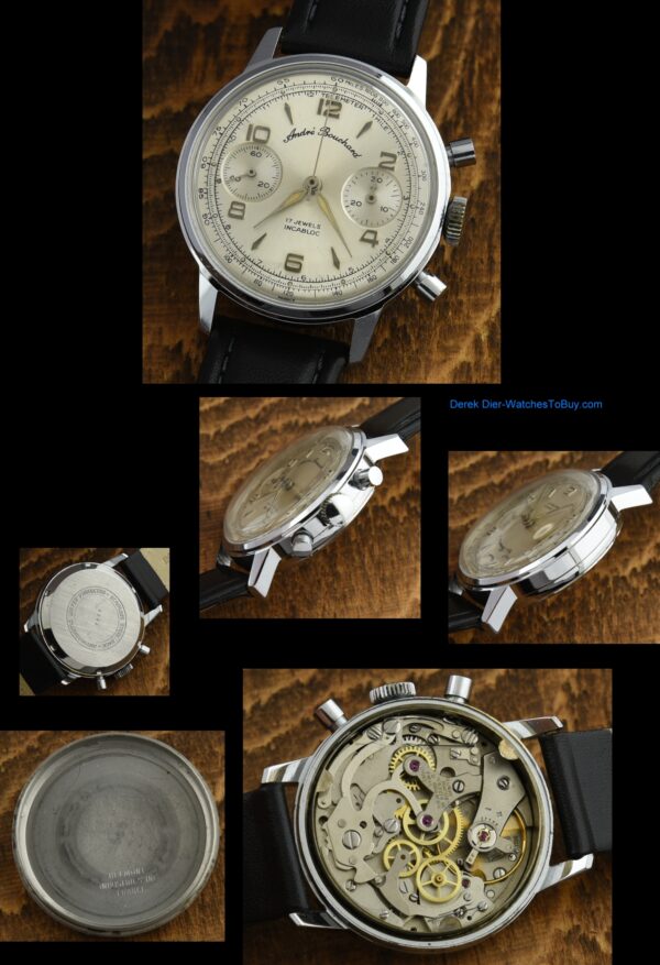 1950s Andre Bouchard 35.5mm stainless steel chronograph watch with original chrome screw-back case, and cleaned Swiss Valjoux 7730 movement.