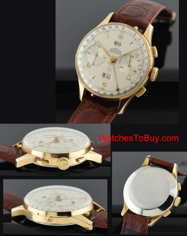 Angelus Chronodato chronograph watch with original dial, gold Arabic numerals, date, day, month indicators, and 45-minute chrono register.