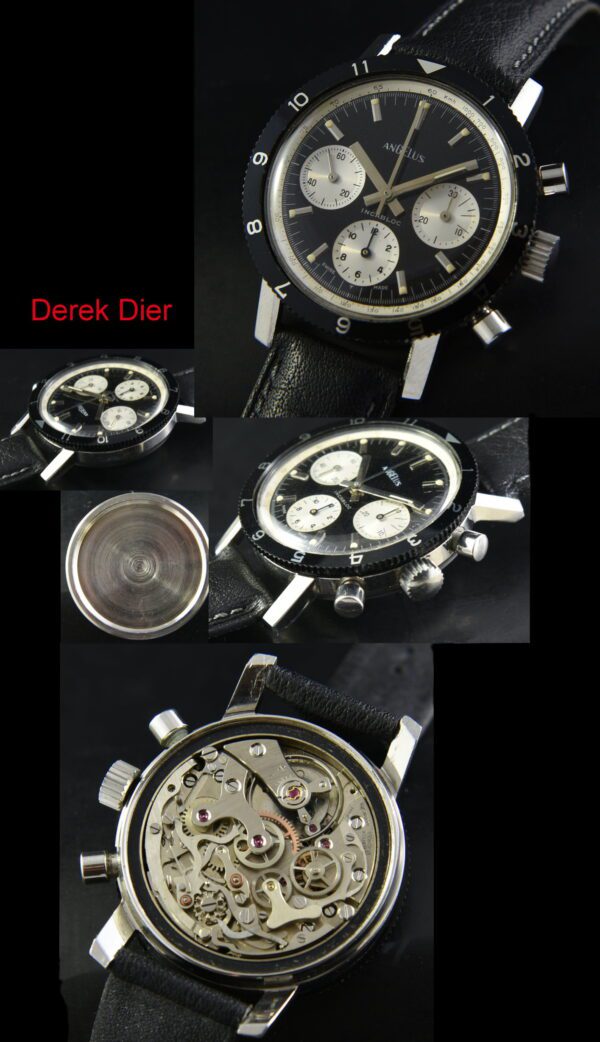 1960s Angelus stainless steel chronograph watch with original panda dial, case, turning bezel, and Valjoux 72 manual column wheel movement.