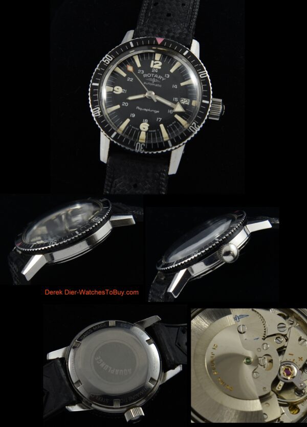 1960s Rotary Aquaplunge stainless steel dive watch with original turning bezel, dial, hands, numerals, and clean automatic winding movement.