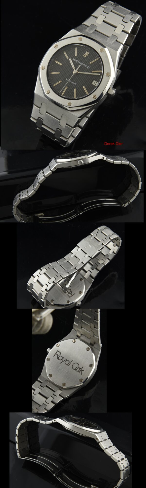 1950 Audemars Piguet Royal Oak stainless steel watch with original black dial, handset, case, bracelet, crown, and caliber 2123 movement.