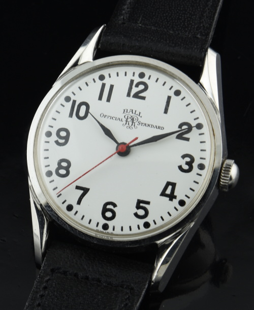 1960s Ball 43.5mm Trainmaster stainless steel railroad watch with original elongated bombé lugs, pristine dial, hands, and cleaned movement.
