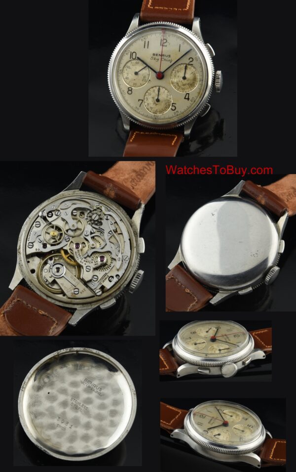 1945 Benrus Sky Chief stainless steel chronograph watch with original dial, coin-edge bezel, case, and Valjoux 71 manual winding movement.