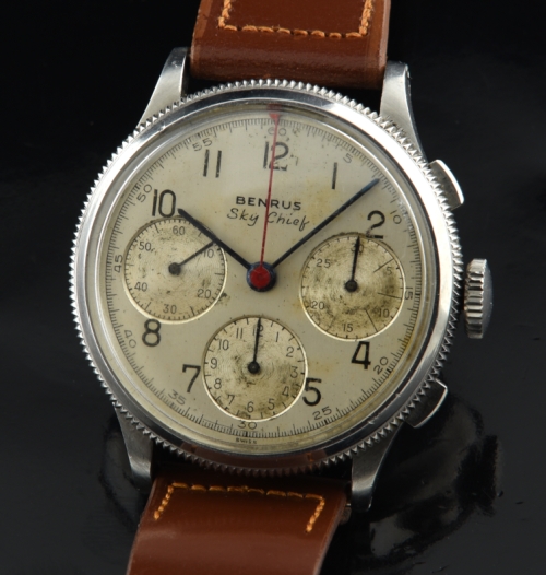 1945 Benrus Sky Chief stainless steel chronograph watch with original dial, coin-edge bezel, case, and Valjoux 71 manual winding movement.