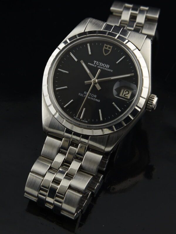 1980s Tudor Prince Oysterdate stainless steel watch with original Jubilee bracelet, black dial, and cleaned automatic winding movement.