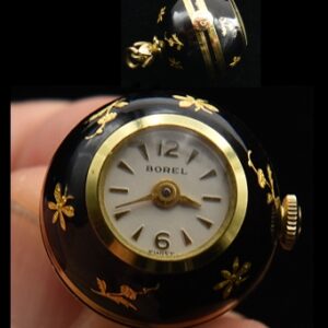 1950s Borel 18.5mm stainless steel ball-shaped ladies enamel pendant watch with original manual movement, and intricate gold inlay designs.