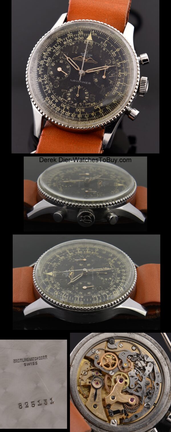 1950s Breitling 40mm Navitimer 806 stainless steel pilot's chronograph watch with original dial, hands, lume, bezel, and Venus 178 movement.