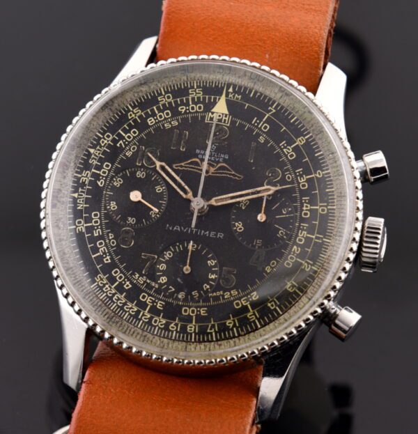 1950s Breitling 40mm Navitimer 806 stainless steel pilot's chronograph watch with original dial, hands, lume, bezel, and Venus 178 movement.