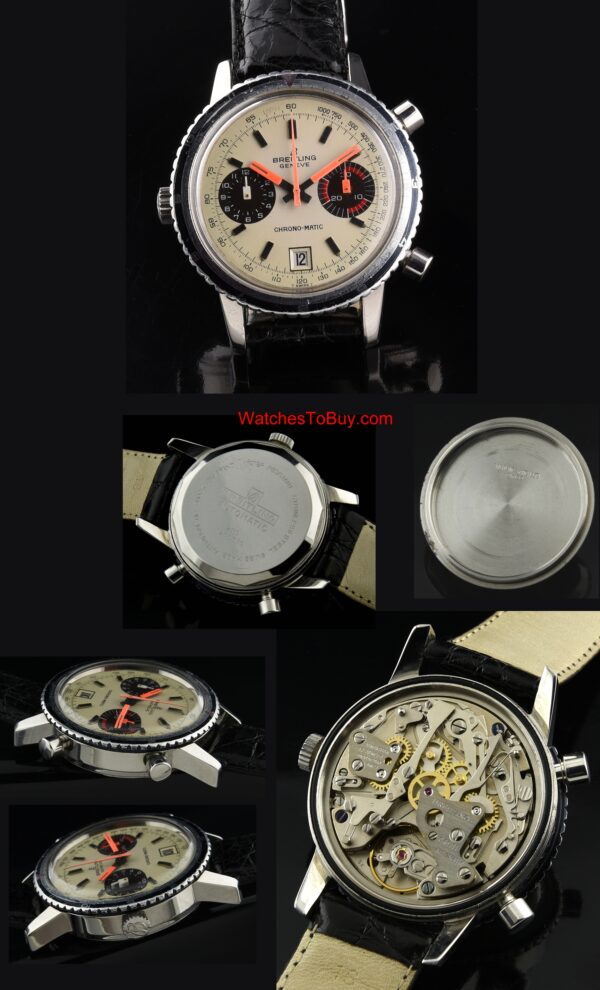 1969 Breitling Chrono-Matic stainless steel chronograph watch with original neon dial, hands, and caliber 11 automatic micro-rotor movement.