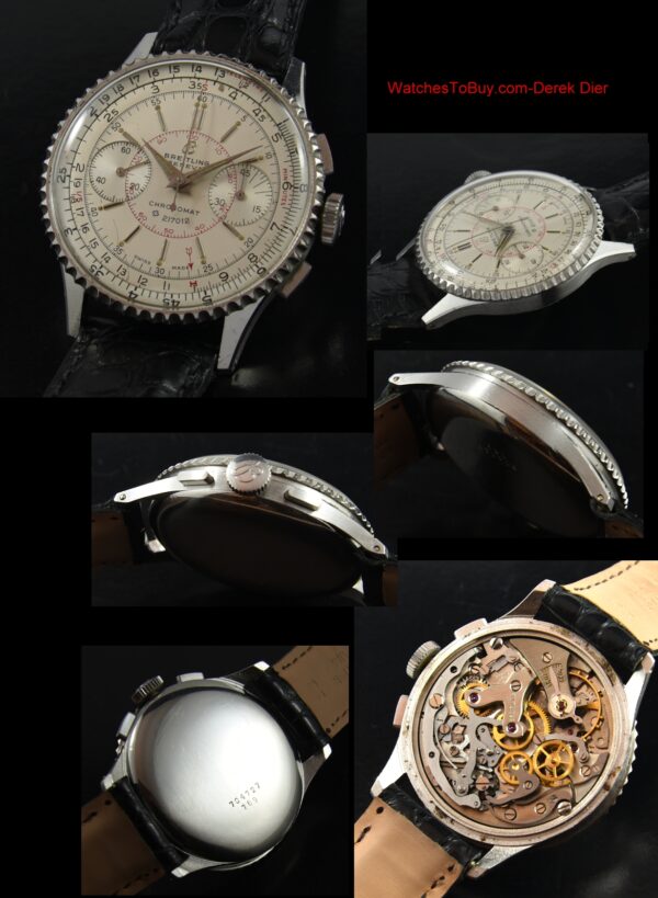 1950s Breitling 36mm Chronomat stainless steel watch with original logo winding crown, dial, arrow steel markers, and Venus 175 movement.