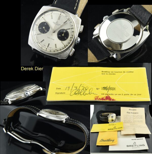 1970 Breitling Top Time stainless steel chronograph watch with original panda dial, case, and cleaned manual winding Valjoux 7730 movement.