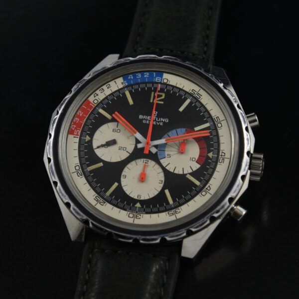 1967 Breitling 47mm Yachting Co-Pilot chronograph stainless steel watch with original brilliant dial, inner bezel, and Venus 178 movement.