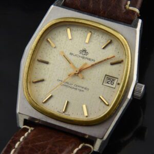 1970s Bucherer 41mm steel and gold-toned watch with original dial, attractive case, and clean chronometer-grade automatic winding movement.