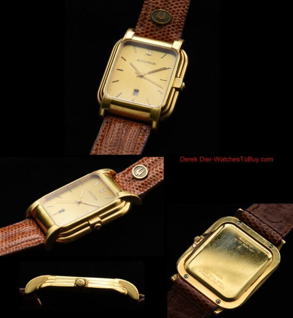 1980s Bulova Accutron unique deco-looking watch with an unused leather band, stepped sides, gold-plated case, and quartz modern movement.