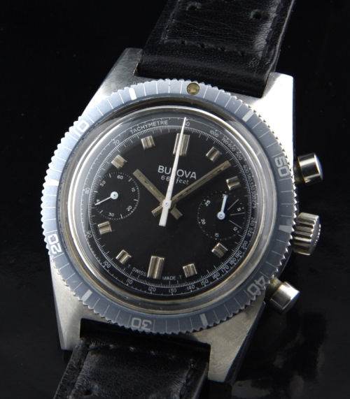 1973 Bulova stainless steel chronograph dive watch with original turning bezel, black dial, 200m depth, and Valjoux 7733 manual movement.