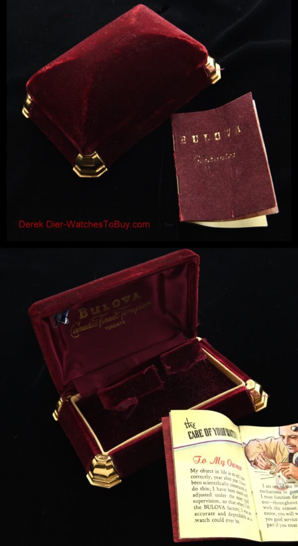 Vintage 1940s Bulova velvet watch box measuring 3x5" and comes with manual. It is in amazing condition with brass corners.