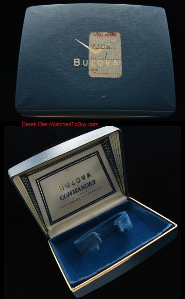 1960s Bulova Commander uncommon box measuring 3.5x4.5" with silk and blue velvet.