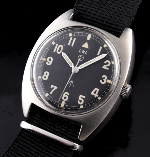 1980 CWC 36mm stainless steel military issued watch with original broad arrow dial, Arabic markers, and manual winding caliber 266 movement.