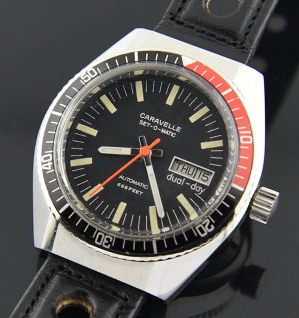 1970s Caravelle 38mm Set-O-Matic stainless steel dive watch with original case, angled lugs, winding crown, and Citizen Japanese movement.