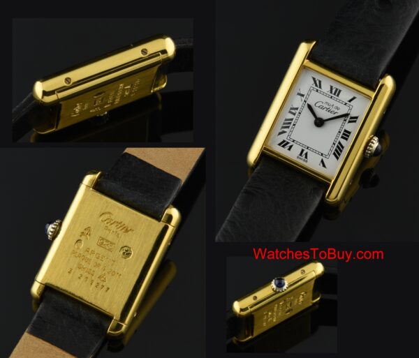 1970s Must de Cartier gold-plated sterling-silver watch with original cabochon winding crown, Roman dial, and clean manual winding movement.