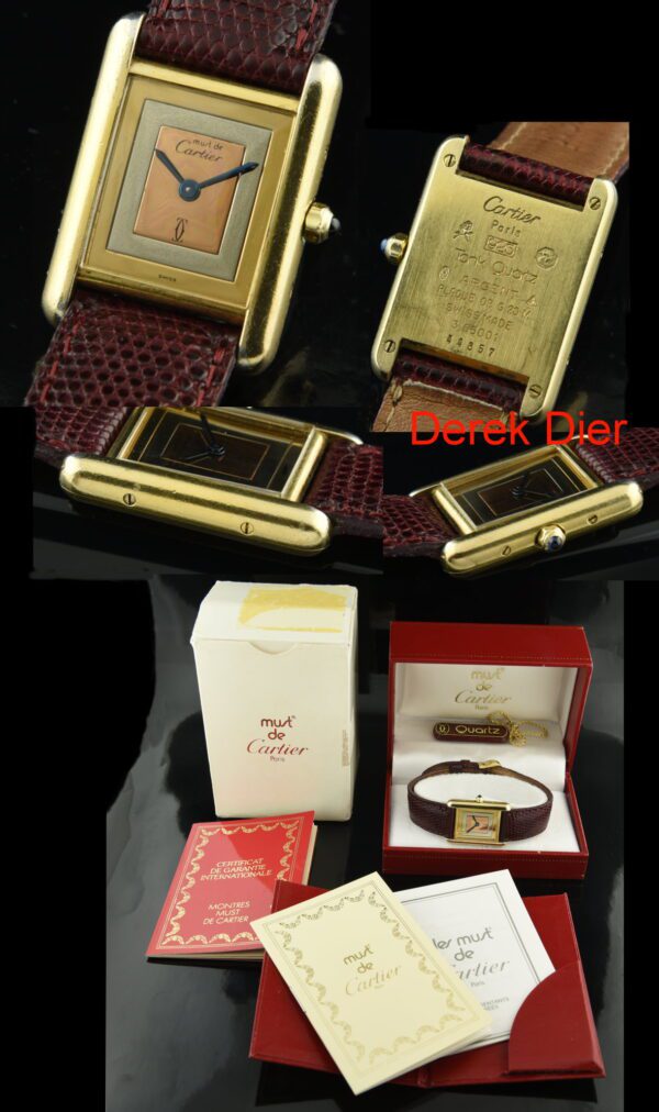 Must de Cartier gold-plated sterling silver ladies watch with original case, box, papers, three-tone dial, and accurate quartz movement.