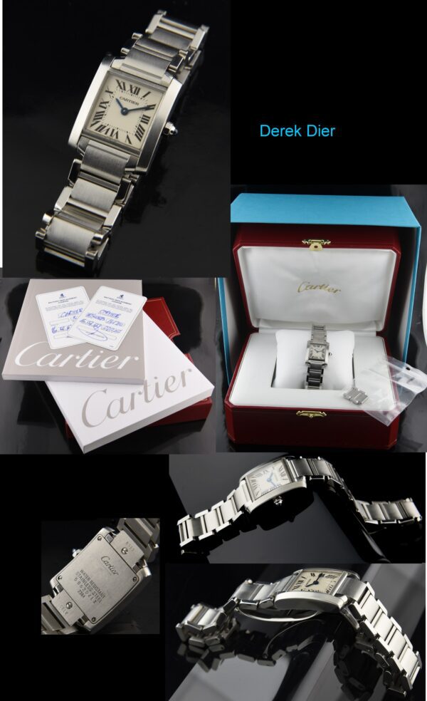 2007 Cartier 20mm Tank Francaise stainless steel ladies watch with original box, booklets, papers, bracelet, and reliable quartz movement.