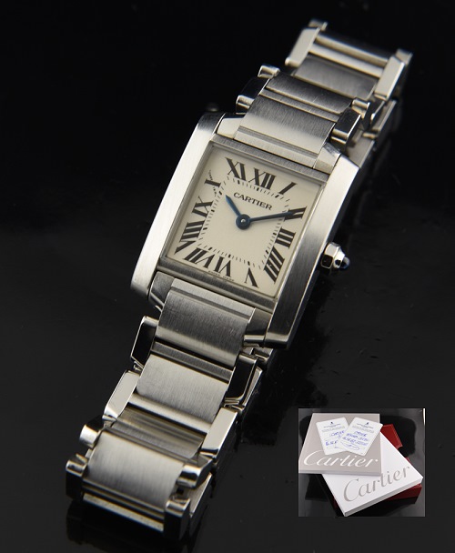 2007 Cartier 20mm Tank Francaise stainless steel ladies watch with original box, booklets, papers, bracelet, and reliable quartz movement.