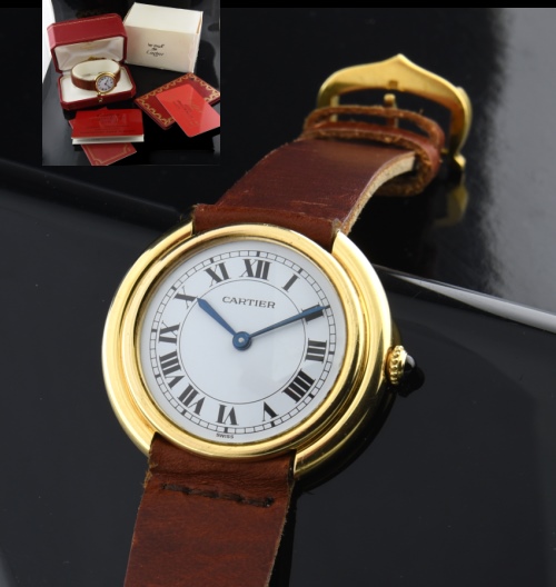 1982 Cartier 33mm Vendome 18k solid-gold watch with original box, papers, warranty card, cabochon-tipped crown, and manual winding movement.