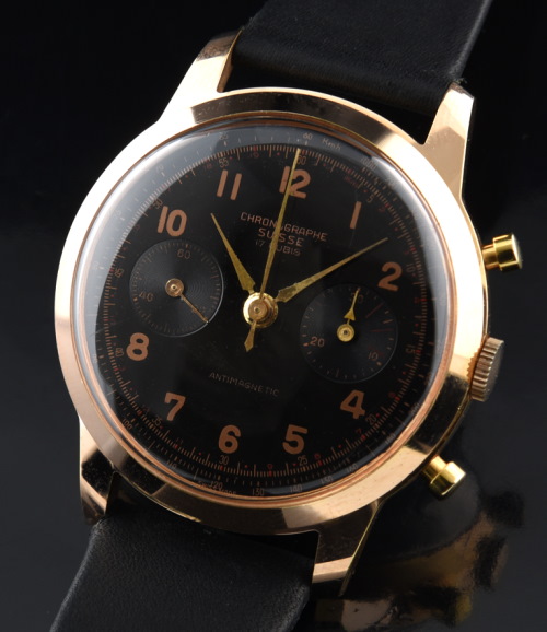 1950s Chronographe Suisse rose-gold-plated chronograph watch with original black dial, Arabic numerals, hands, and clean Venus 188 movement.