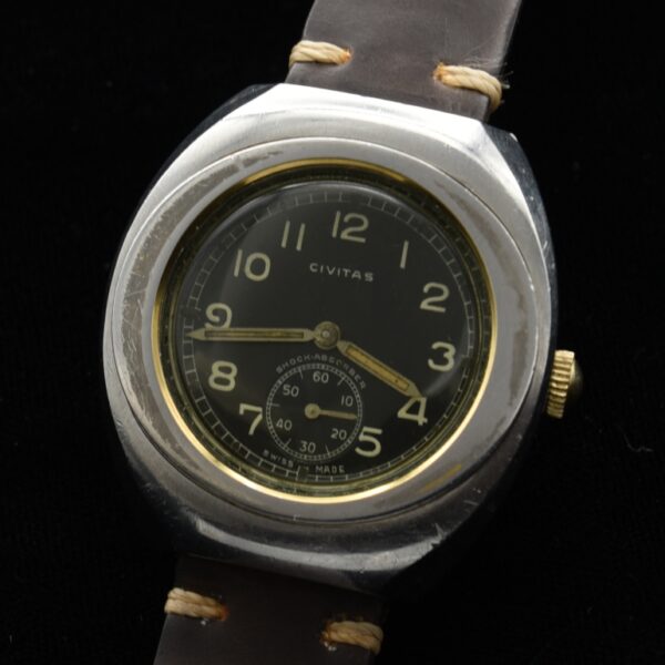 1940s Civitas WW2-era stainless steel military watch with original solid case, Horween leather band, and 15-jewel Swiss manual movement.