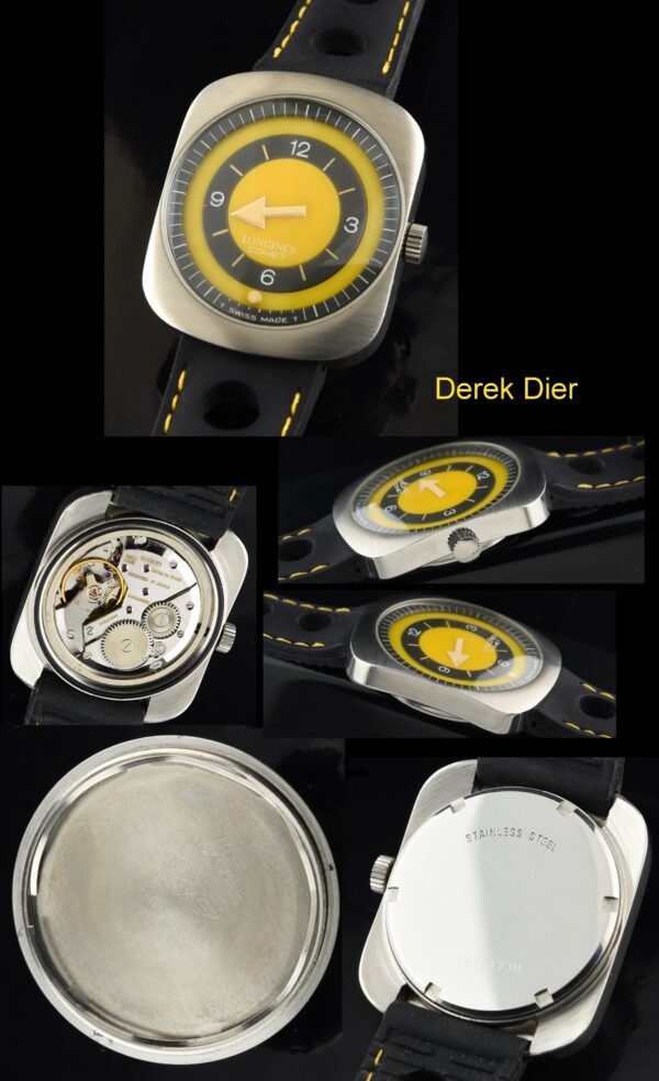 1970 Longines Comet stainless steel watch with original exotic yellow dial, rotating dot, signed case, and cleaned manual winding movement.