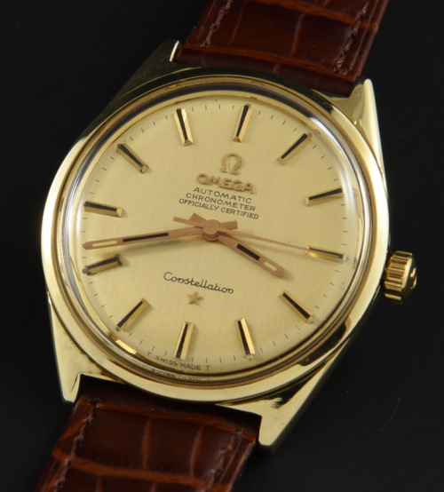 1968 Omega Constellation gold-capped watch with original uncommon case, dial, black inset hands, and cleaned caliber 551 automatic movement.