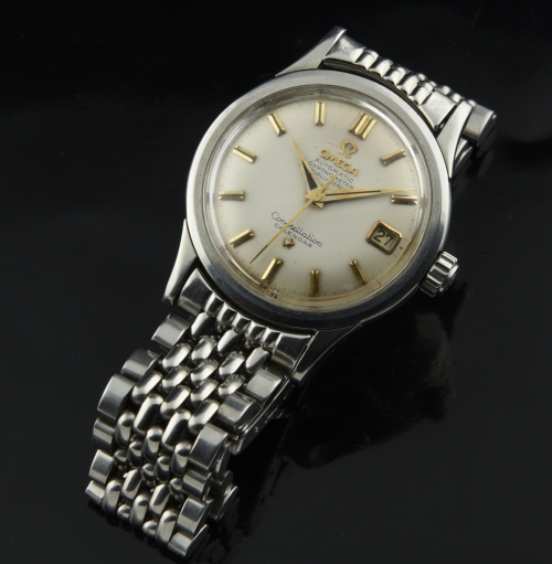 1960 Omega Constellation Calendar stainless steel watch with original bracelet, dial, hands, and chronometer-grade caliber 504 movement.