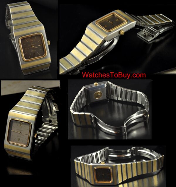 1980s Omega Constellation gold-plated stainless steel watch with original crown, case, bracelet, and cleaned automatic winding movement.