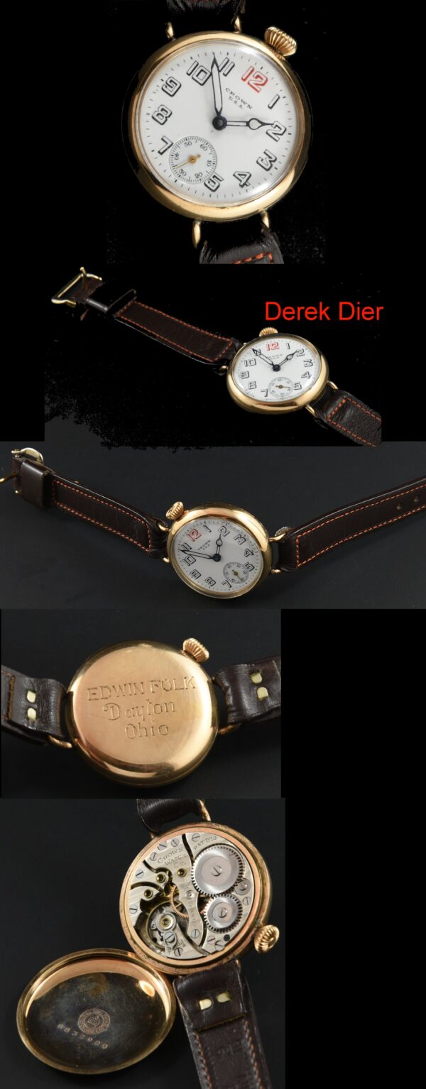 1917 Crown 34.5mm gold-filled offset wristwatch with original screw-back case, porcelain dial, crown, and cleaned manual winding movement.