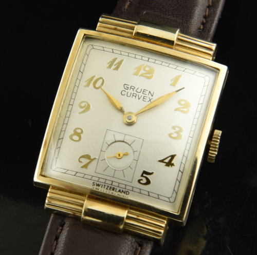 1940 Gruen Curvex 33.5x33mm gold-filled watch with original dial, Breguet-style numerals, and cleaned, accurate manual winding movement.
