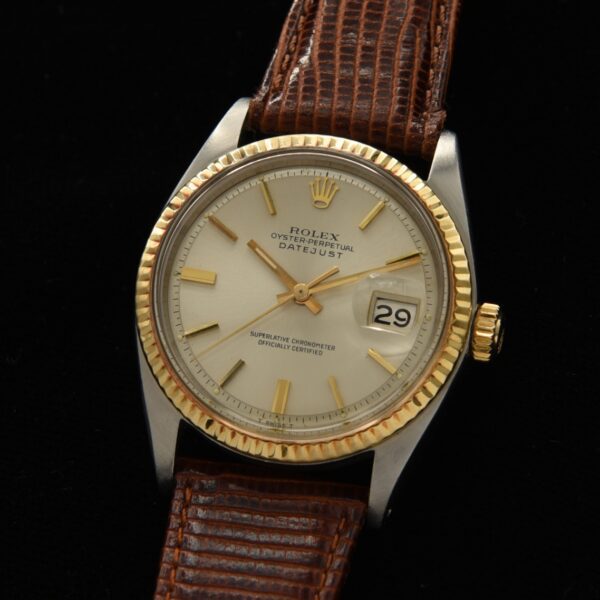 1971 Rolex Datejust stainless steel and gold watch owned by Dave Betts with original case, dial, hands, and serviced caliber 1570 movement.