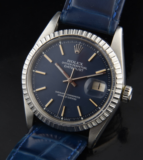 1977 Rolex 36mm Datejust stainless steel watch with original blue jean dial, crenelated bezel, case, and cleaned automatic winding movement.