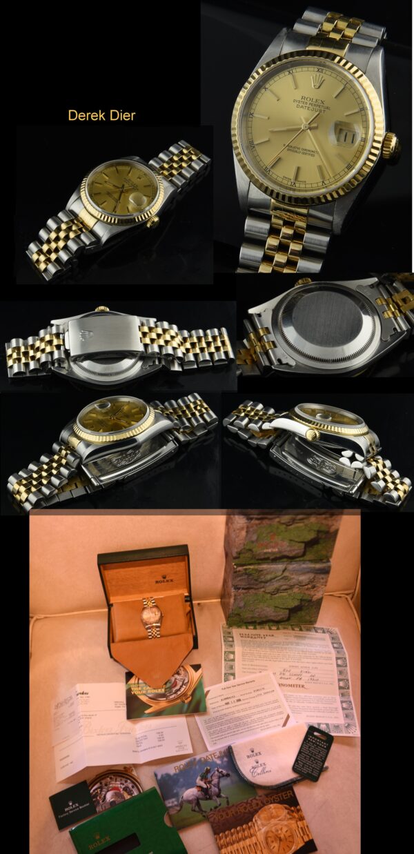 2000 Rolex Datejust two-toned 18k gold and steel watch with orginal box, papers, Jubilee bracelet, and cleaned automatic winding movement.
