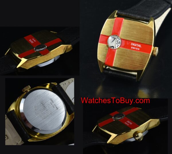 1970s Digital Swiss gold-plated direct-read watch with original steel-back case, bubble magnifier, and cleaned manual winding movement.