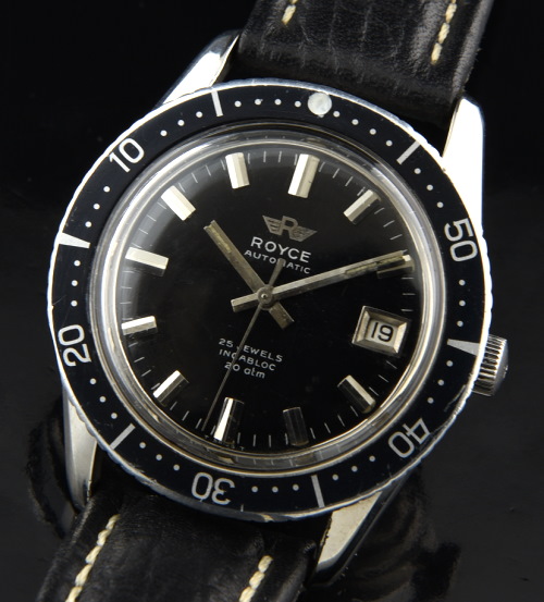 1970s Royce 37.5mm stainless steel dive watch with original turning bezel, bold black dial, baton markers, hands, and automatic movement.