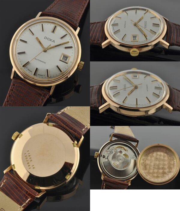 1950s Doxa 14k solid-rose-gold watch with original screw-back case, dial, enamel-filled baton markers, hands, and rotor automatic movement.